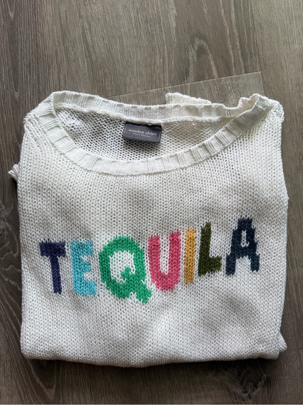 Wooden Ships White Knit Sweater with Multicolor 'TEQUILA' Lettering